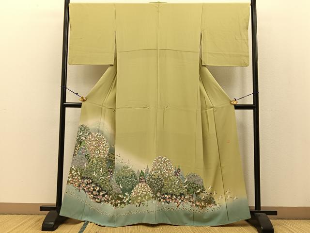 平和屋着物●高級染元　粋峰　林芳夫　京加賀友禅　色留袖　飛鶴風景花文　暈し染め　正絹　逸品　BAAW5026hj