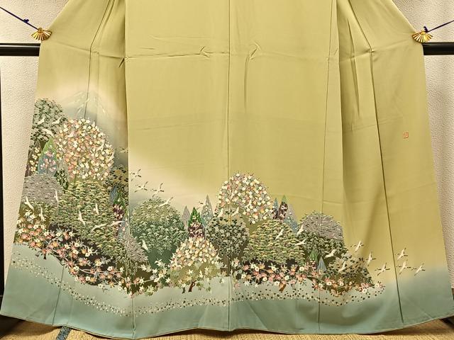 平和屋着物●高級染元　粋峰　林芳夫　京加賀友禅　色留袖　飛鶴風景花文　暈し染め　正絹　逸品　BAAW5026hj 平和屋着物○高級染元 粋峰 林芳夫 京加賀友禅 色留袖