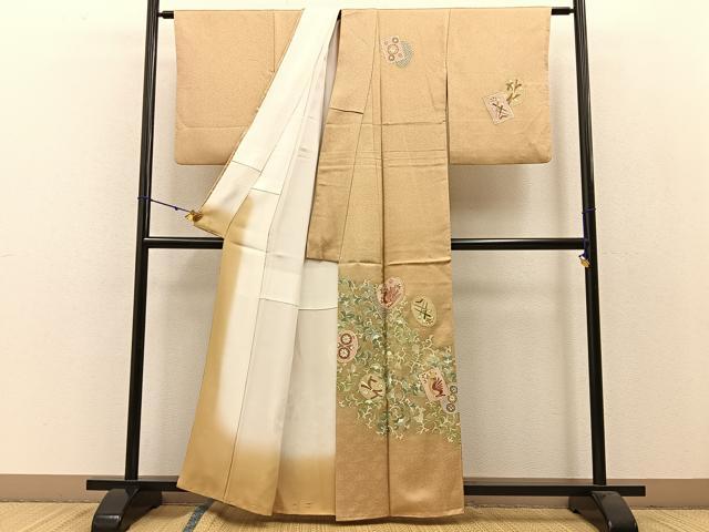 平和屋着物●訪問着　駒刺繍　タツノオトシゴ　花唐草文　金彩　正絹　逸品　BAAW5034hj