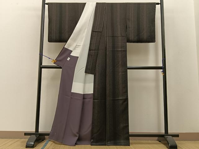 平和屋着物●上質な小紋　縞　黒地　正絹　逸品　未使用　BAAW5044hj