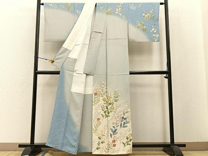 平和屋着物●訪問着 刺繍 草花文 暈し染め 金彩 正絹 逸品 BAAW5056hj