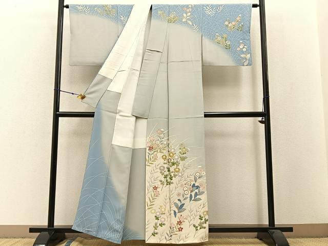 平和屋着物●訪問着 刺繍 草花文 暈し染め 金彩 正絹 逸品 BAAW5056hj