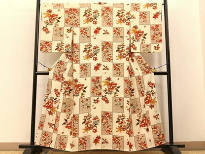 平和屋着物●上質な小紋 市松草花文 金彩 正絹 逸品 BAAW5058hj