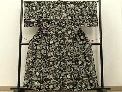 平和屋着物＊夏物　小紋　絽　型染め　流水花鳥文　黒地　正絹　逸品　BAAW5065hj