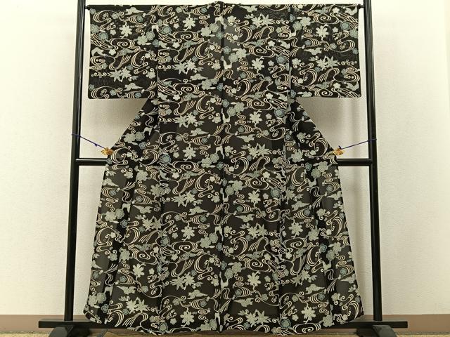 平和屋着物＊夏物　小紋　絽　型染め　流水花鳥文　黒地　正絹　逸品　BAAW5065hj