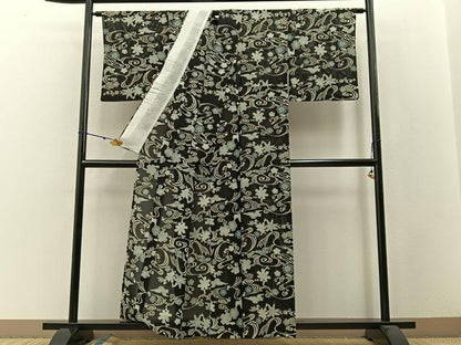 平和屋着物＊夏物　小紋　絽　型染め　流水花鳥文　黒地　正絹　逸品　BAAW5065hj