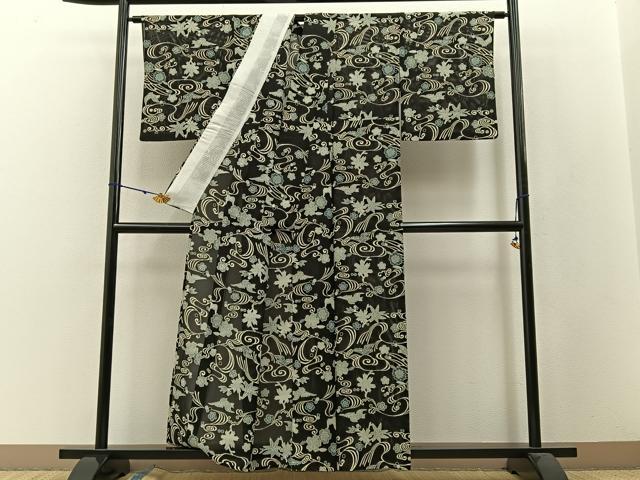 平和屋着物＊夏物　小紋　絽　型染め　流水花鳥文　黒地　正絹　逸品　BAAW5065hj