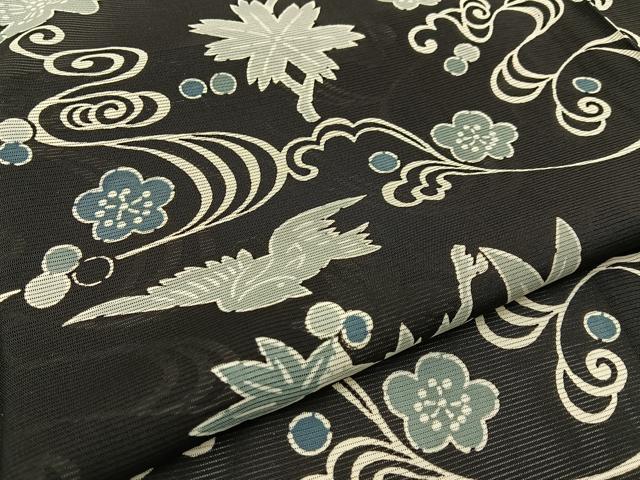 平和屋着物＊夏物　小紋　絽　型染め　流水花鳥文　黒地　正絹　逸品　BAAW5065hj