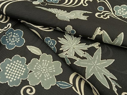 平和屋着物＊夏物　小紋　絽　型染め　流水花鳥文　黒地　正絹　逸品　BAAW5065hj