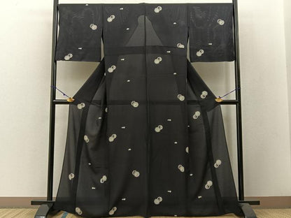 平和屋着物＊夏物 小紋 絽 花絵皿 成り物 黒緑色地 正絹 逸品 BAAW5075hj