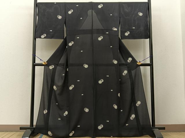 平和屋着物＊夏物 小紋 絽 花絵皿 成り物 黒緑色地 正絹 逸品 BAAW5075hj