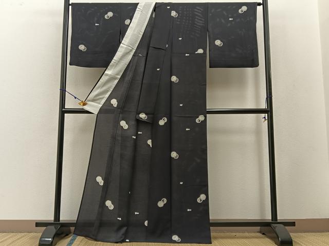平和屋着物＊夏物 小紋 絽 花絵皿 成り物 黒緑色地 正絹 逸品 BAAW5075hj
