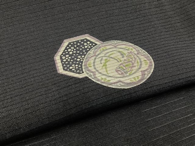平和屋着物＊夏物 小紋 絽 花絵皿 成り物 黒緑色地 正絹 逸品 BAAW5075hj