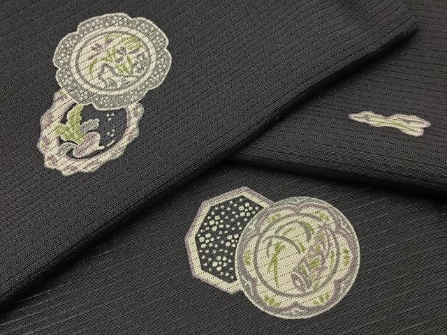 平和屋着物＊夏物 小紋 絽 花絵皿 成り物 黒緑色地 正絹 逸品 BAAW5075hj
