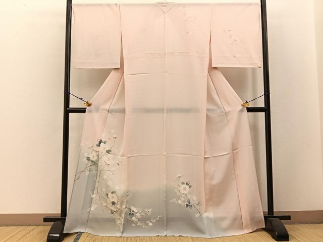 平和屋着物＊夏物 訪問着 絽 友禅 白椿に梅 暈し染め 正絹 逸品 未使用 BAAW5080hj