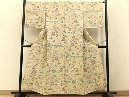 平和屋着物▽上質な紬 単衣 菊楓文 正絹 逸品 BAAW5096hj