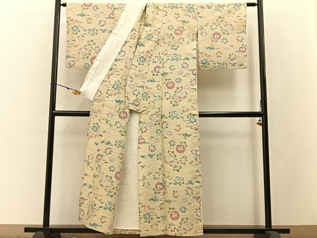 平和屋着物▽上質な紬 単衣 菊楓文 正絹 逸品 BAAW5096hj
