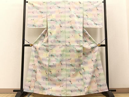 平和屋着物▽小千谷本真綿紬 単衣 草葉文 証紙付き 正絹 逸品 未使用 BAAW5099hj