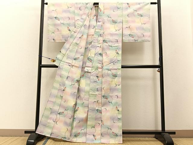 平和屋着物▽小千谷本真綿紬 単衣 草葉文 証紙付き 正絹 逸品 未使用 BAAW5099hj