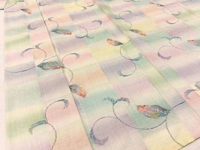 平和屋着物▽小千谷本真綿紬 単衣 草葉文 証紙付き 正絹 逸品 未使用 BAAW5099hj