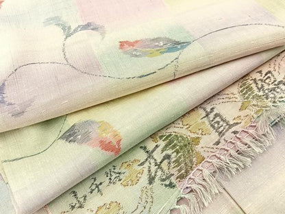 平和屋着物▽小千谷本真綿紬 単衣 草葉文 証紙付き 正絹 逸品 未使用 BAAW5099hj