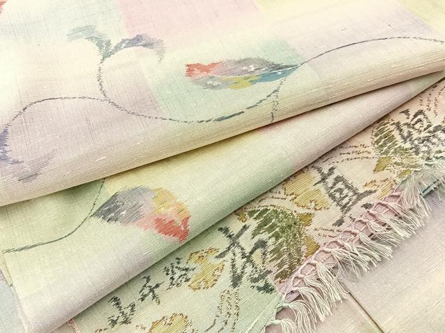 平和屋着物▽小千谷本真綿紬 単衣 草葉文 証紙付き 正絹 逸品 未使用 BAAW5099hj