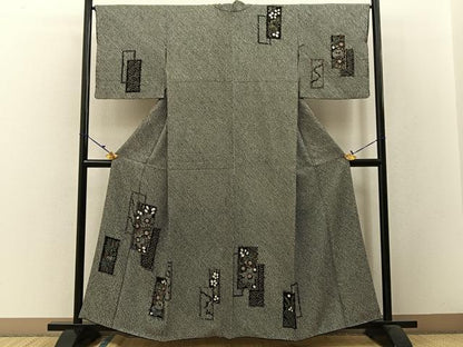 平和屋着物●訪問着 総絞り 短冊流水花文 黒地 金彩 正絹 逸品 BAAW5103hj