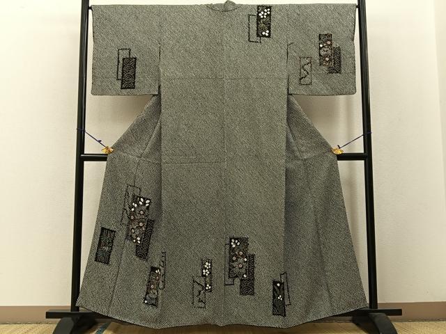 平和屋着物●訪問着 総絞り 短冊流水花文 黒地 金彩 正絹 逸品 BAAW5103hj