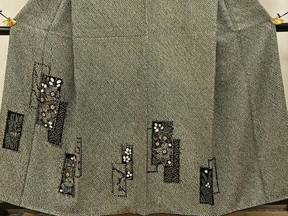平和屋着物●訪問着 総絞り 短冊流水花文 黒地 金彩 正絹 逸品 BAAW5103hj