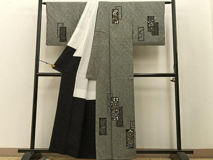 平和屋着物●訪問着 総絞り 短冊流水花文 黒地 金彩 正絹 逸品 BAAW5103hj
