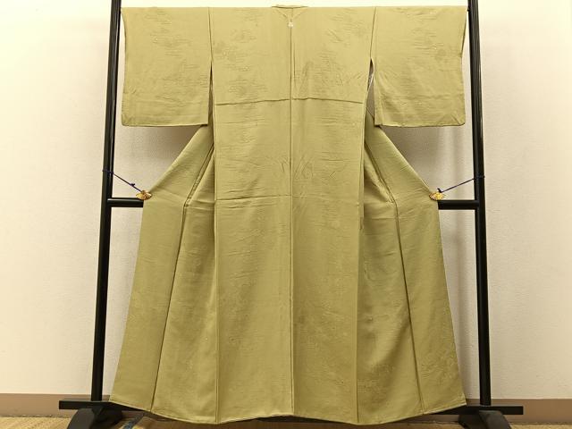 平和屋着物●上質な色無地 亀甲地紋 若葉色 正絹 逸品 BAAW5106hj