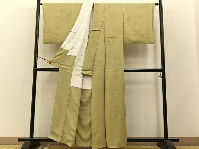 平和屋着物●上質な色無地 亀甲地紋 若葉色 正絹 逸品 BAAW5106hj