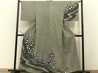平和屋着物●訪問着 総絞り 流水笹梅文 黒地 正絹 逸品 BAAW5121hj
