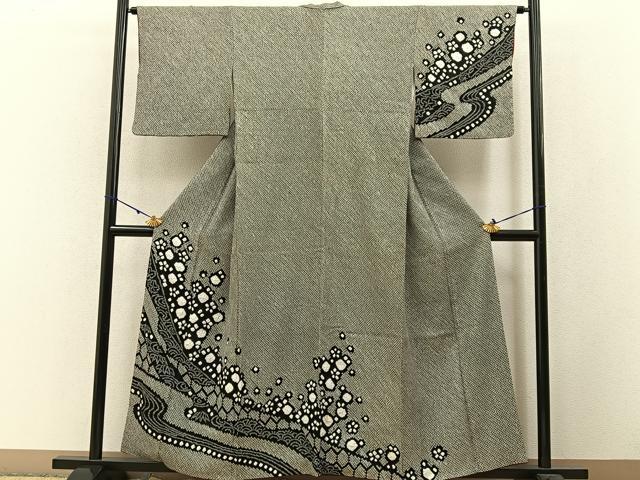 平和屋着物●訪問着 総絞り 流水笹梅文 黒地 正絹 逸品 BAAW5121hj