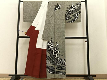 平和屋着物●訪問着 総絞り 流水笹梅文 黒地 正絹 逸品 BAAW5121hj
