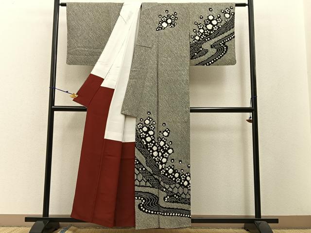 平和屋着物●訪問着 総絞り 流水笹梅文 黒地 正絹 逸品 BAAW5121hj