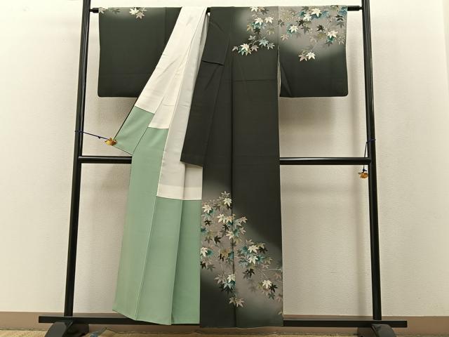 平和屋着物●絵師 津守順 訪問着 手描き 刺繍 枝楓文 暈し染め 金銀彩 正絹 逸品 BAAW5123hj
