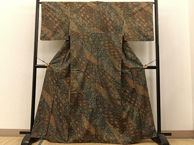 平和屋着物●上質な小紋　紬地　切嵌更紗花鳥文　金彩　正絹　逸品　BAAW5125hj 平和屋着物○上質な小紋 紬地 切嵌更紗花鳥文 金彩 正絹