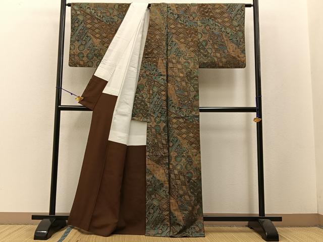 平和屋着物●上質な小紋　紬地　切嵌更紗花鳥文　金彩　正絹　逸品　BAAW5125hj 平和屋着物○上質な小紋 紬地 切嵌更紗花鳥文 金彩 正絹