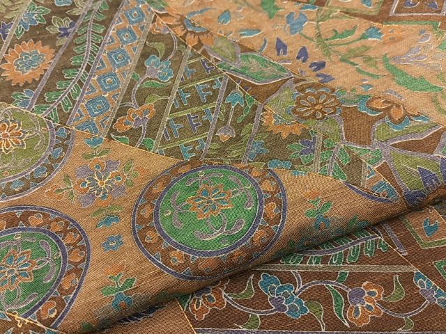 平和屋着物●上質な小紋　紬地　切嵌更紗花鳥文　金彩　正絹　逸品　BAAW5125hj