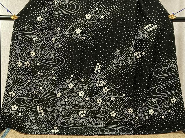 平和屋着物●訪問着 絞り 流水梅文 黒地 正絹 逸品 BAAW5136hj
