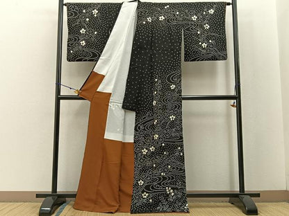 平和屋着物●訪問着 絞り 流水梅文 黒地 正絹 逸品 BAAW5136hj