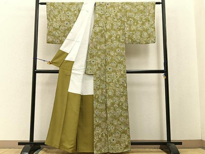 平和屋着物●上質な小紋 更紗花文 たたき染め 金彩 鬼しぼ縮緬 正絹 逸品 BAAW5162hj