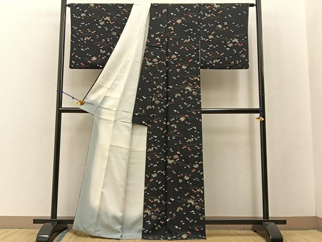 平和屋着物●上質な小紋 花蝶文 たたき染め 黒地 金彩 正絹 逸品 BAAW5169hj
