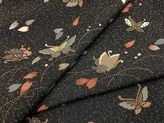 平和屋着物●上質な小紋 花蝶文 たたき染め 黒地 金彩 正絹 逸品 BAAW5169hj