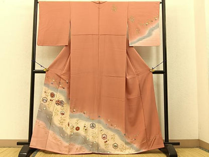 平和屋着物●訪問着 亀甲花蝶文 暈し染め 金彩 正絹 逸品 BAAW5173hj