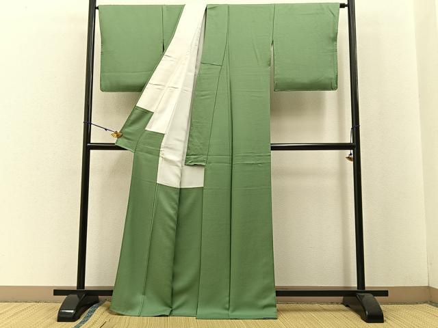 平和屋着物●上質な色無地 紋意匠 松葉色 正絹 逸品 BAAW5177hj