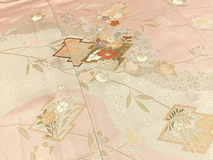 平和屋着物●訪問着 松皮菱枝花文 金彩 正絹 逸品 BAAW5179hj