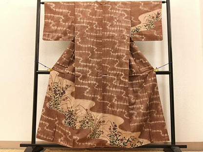 平和屋着物●訪問着 紬地 絞り 秋草文 正絹 逸品 BAAW5180hj