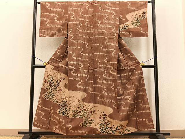 平和屋着物●訪問着 紬地 絞り 秋草文 正絹 逸品 BAAW5180hj